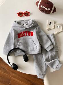 SHEIN 2 件婴儿男女通用服装，可爱灰色字母印花连帽衫和慢跑裤套装，婴儿冬装 - 彩色 - 查看 4