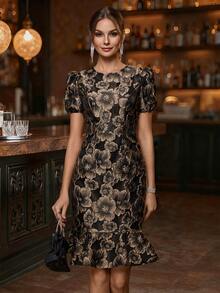 Balvessa 圆领泡泡袖短款连衣裙，收腰，纹理，提花金色花卉，优雅复古中长连衣裙，适合春夏初秋 - 黑色 - 查看 6