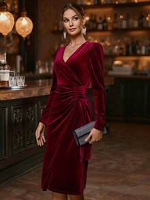 Balvessa 天鹅绒交叉裹身裙 酒红色 长款女装 - 酒紅色 - 查看 3
