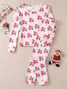 Girls' Pink Rabbit & Heart Pattern Long Sleeve Pajama Set - Pink - View 8
