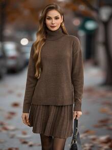 EMERY ROSE Women's Autumn/Winter Solid Turtleneck Drop Shoulder Long Sleeve Sweater And Pleated Knit Skirt 2 Pieces Set Fall Cloth For Women - Brown - View 3
