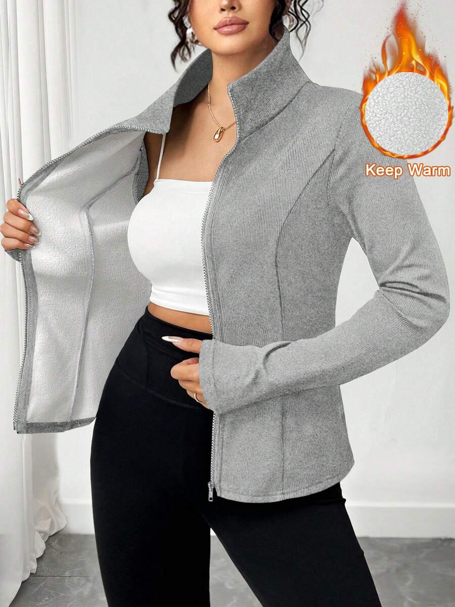 SHEIN Tall CURVE 大码保暖内衬全拉链夹克 - 灰色 - 查看 1