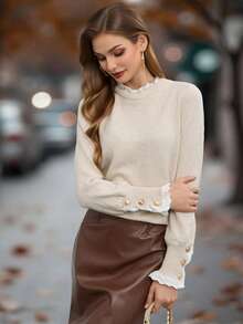 EMERY ROSE Maglione lavorato a maglia con collo a giro e maniche lunghe, con dettagli floreali color albicocca, adatto per l'autunno/inverno, top a maniche lunghe per l'autunno - Albicocca - Visualizzare 3