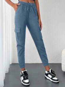 SHEIN Cottnline Women's Casual Solid Color Cargo Sweatpants - Baby Blue - View 3