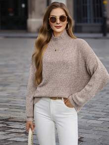EMERY ROSE Áo len cổ cao, vai rớt, tay dài, kiểu áo chui đầu, thích hợp cho mùa thu đông. - Màu be - Xem 5