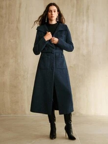 Anewsta 女士长款收腰超大口袋奢华优雅百搭时尚大衣，适合秋季、冬季、外出、正式场合、派对、时尚、新年、圣诞节、工作、毕业典礼、婚礼等场合。 - 藏蓝色 - 查看 10