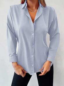 Cottnline Camisa unicolor con botón delantero de hombros caídos - Celeste - Ver 7