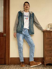 RivetRise 前卫男士中度水洗阔腿牛仔裤，带拉链细节，长款纯色设计，休闲穿着 - 淺色水洗藍 - 查看 7