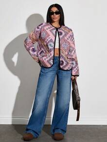 EURMUSE Frenchy Quilted Boho Printed Dual Pocket Stylish Winter Coat - Multicolor - View 3