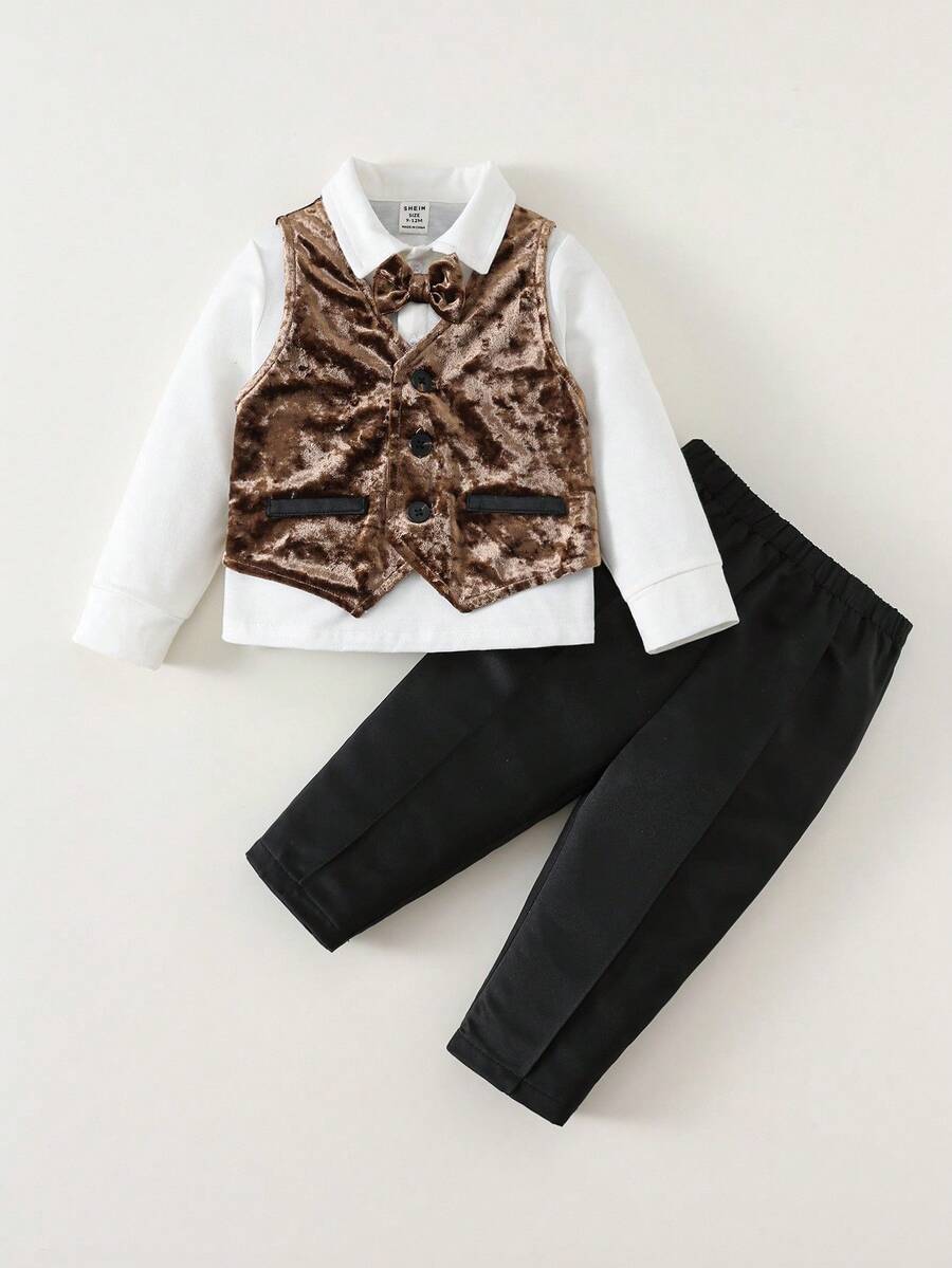 SHEIN 男宝宝秋冬可爱丝绒针织三件套西装:外套、裤子、衬衫,绅士装扮,适合生日派对、锐舞派对、晚宴、演出、婚礼、满月、洗礼、一周岁生日庆祝、婚礼宾客、婴儿洗礼等场合。 - 彩色 - 查看 1