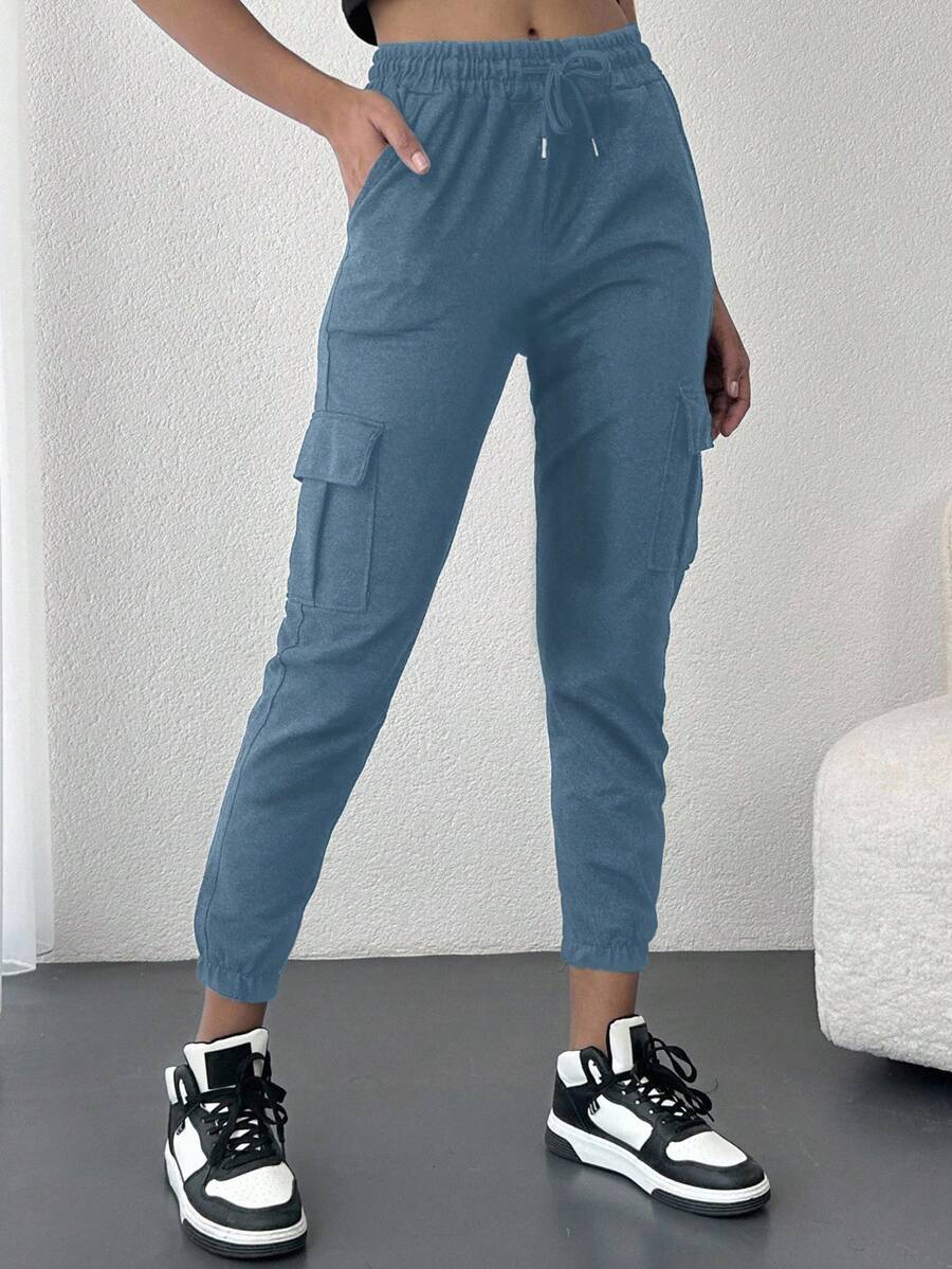 SHEIN Cottnline Women's Casual Solid Color Cargo Sweatpants - Baby Blue - View 1