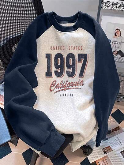 SHEIN 女式字母印花拼色圆领休闲长袖套头衫