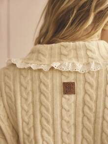 Aralina Cárdigan de manga larga con botones y cuello de encaje de estilo vintage, con detalles de punto de cable, para el otoño/invierno, suéter navideño de invierno - Albaricoque - Ver 4