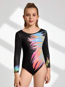 SHEIN Ropa deportiva para niñas preadolescentes con estampado colorido y ajuste elástico ceñido, de manga corta, adecuada para gimnasia, competiciones escolares y entrenamiento diario, con estampados vibrantes y ropa deportiva cómoda - Negro - Ver 5
