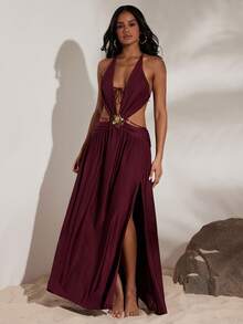 Opulessa Einfarbiges, gestricktes Neckholder-Kleid mit rückenfreiem Schlitz für Damen, Urlaub, Weihnachten, Neujahr, Thanksgiving-Outfits, elegantes Party-Outfit, luxuriöse Abendkleider für Hochzeiten, Herbst-Winter-Kleidung, Abschlussfeier, Ballkleid - Bordeaux - Übersicht 6