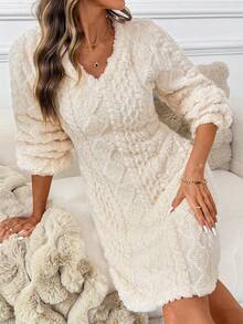 SHEIN Clasi 女式 V 领长袖针织弹力米色/杏色纹理面料优雅日常迷你连衣裙，秋冬 - 杏色 - 查看 4