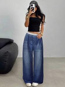 SHEIN 少女休闲宽松低腰弹力阔腿运动裤，适合春、夏、秋、冬四季穿着，尤其适合秋冬季日常穿着、街头风、居家休闲。这款阔腿弹力腰牛仔裤适合新年、日常穿着、庆祝活动、秋冬季穿着，舒适百搭，是秋冬季叠穿的理想选择，时尚有型。 - 藍色 - 查看 5