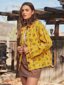 WESTFADE Floral Print Corduroy Collared Button Front Oversized Long Sleeve Barn Jacket Fall, Autumn, Winter - Multicolor - View 5