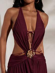 Opulessa Einfarbiges, gestricktes Neckholder-Kleid mit rückenfreiem Schlitz für Damen, Urlaub, Weihnachten, Neujahr, Thanksgiving-Outfits, elegantes Party-Outfit, luxuriöse Abendkleider für Hochzeiten, Herbst-Winter-Kleidung, Abschlussfeier, Ballkleid - Bordeaux - Übersicht 7