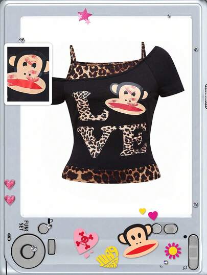 Paul Frank X ROMWE قميص تي شيرت مطبوع بنمط الفهد والكرتون غير متماثل الياقة مناسب للمقاسات الكبيرة، طراز كاجوال صيفي عصري للشارع من نمط K-pop وY2K