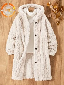 Flickans höst-/vinterjacka med huva, stickad fuskpäls, mjuk och avslappnad, lämplig för vardagsbruk - Aprikos - Visa 3