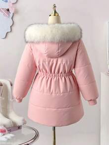 SHEIN Girls' Sweet Fur Collar Padded Coat, Waist Cinched Silhouette, Suitable For School, Casual Outings, Winter Coat - Pink - View 2