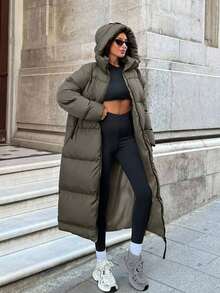 EURMUSE Contrast Zip And Puller Detailed, Keep Warming Feature Long Line Puffer Winter Coat - Khaki - View 5