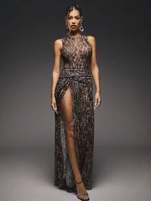 Hauture Sexy Mob Wife Party Apricot Sleeveless Knit Mesh Print Jumpsuit & Snake Skin Twist Ruched High Slit A-Line Skirt 2-Piece Set - Multicolor - View 1