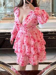 Flirla Romantisches Rüschenkleid in Große Größen für Partys - Pink - Übersicht 5