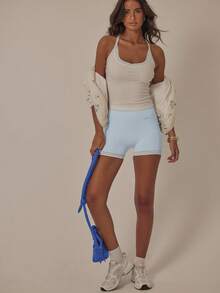 Aralina 休闲高腰无缝拼接细节紧身臀部塑形运动健身短裤 - 藍色 - 查看 8