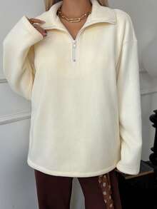 Livesso 女士保暖内衬宽松休闲商务套头衫，半开领，适合秋冬季 - 米色 - 查看 4