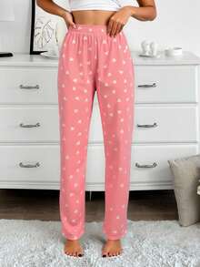 EURMUSE 2 Pieces Women's Solid Colour Long Pajama Pants Set With Heart Print - Multicolor - View 5