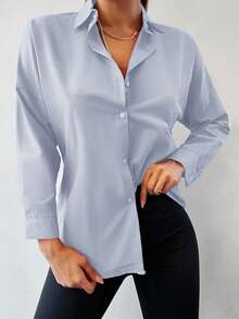 Cottnline Camisa unicolor con botón delantero de hombros caídos - Celeste - Ver 3