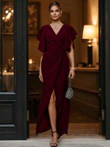 EMERY ROSE 荷叶边袖 V 领腰部合身鱼尾下摆优雅浪漫女士连衣裙 - 酒紅色 - 查看 1