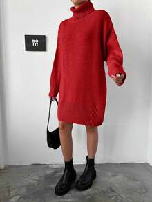 EURMUSE Women's Casual Solid Color Turtleneck Knit Dress, Autumn/Winter - Red - View 3