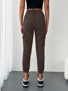 SHEIN 女式休闲纯色工装运动裤 - 巧克力棕 - 查看 2