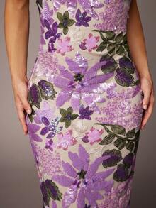 Silquee Women's Elegant Purple Floral Embroidered Sequin Dress,Summer Slim Tube Top Cowl Neck Long Formal Gown For Dinner,Party,Wedding Guest& Date Night - Multicolor - View 4