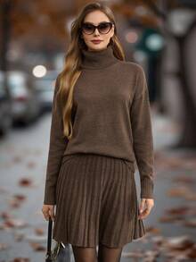 EMERY ROSE Women's Autumn/Winter Solid Turtleneck Drop Shoulder Long Sleeve Sweater And Pleated Knit Skirt 2 Pieces Set Fall Cloth For Women - Brown - View 1