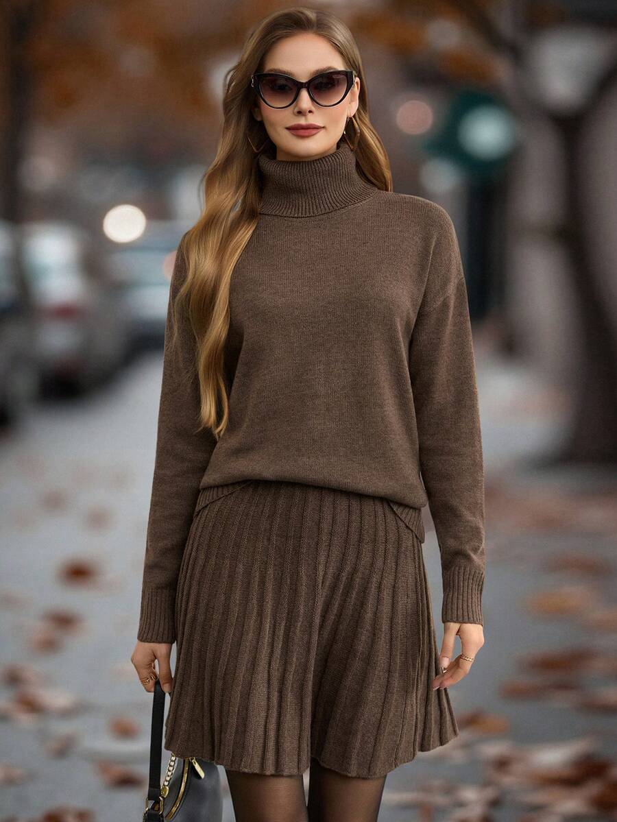 EMERY ROSE Women's Autumn/Winter Solid Turtleneck Drop Shoulder Long Sleeve Sweater And Pleated Knit Skirt 2 Pieces Set Fall Cloth For Women - Brown - View 1