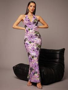 Silquee Women's Elegant Purple Floral Embroidered Sequin Dress,Summer Slim Tube Top Cowl Neck Long Formal Gown For Dinner,Party,Wedding Guest& Date Night - Multicolor - View 8