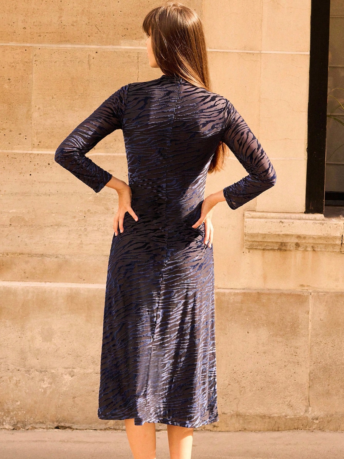 Zebra Velvet Print Navy Blue Long Sleeve Midi Dress With High Neck And Key Hole Neck Cut Out Detail Winter Dress Office Outfits Party Dress Going Out Outfits Spring Summer Animal Print Dress  Party Outfits