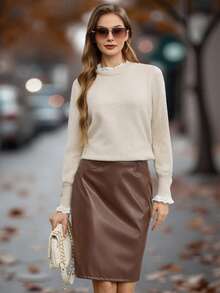 EMERY ROSE Maglione lavorato a maglia con collo a giro e maniche lunghe, con dettagli floreali color albicocca, adatto per l'autunno/inverno, top a maniche lunghe per l'autunno - Albicocca - Visualizzare 6