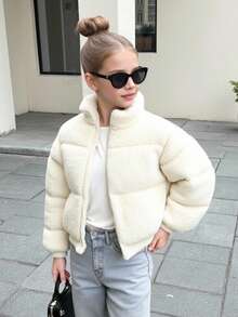 SHEIN 少女纯色米色休闲仿羊羔绒短款羽绒服，适合秋冬季节穿着，纯色米色抓绒短款加厚外套，适合返校、开幕式、日常穿着、上学、旅行、运动、圣诞节等场合，米色系，秋冬季 - 米色 - 查看 9