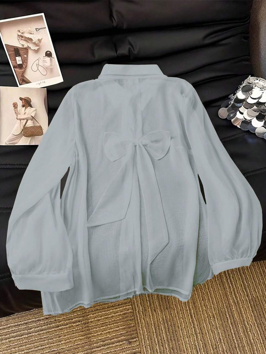 SHEIN Clasi Áo cánh trắng mỏng thường ngày cỡ lớn có nơ - Bụi tím - Xem 1