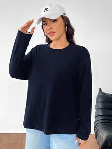 SHEIN EZwear 秋季大码纯色休闲长袖T恤 - 藏蓝色 - 查看 3