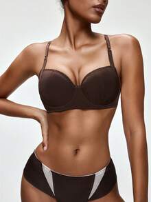 SHEIN 3/4 罩杯棕色钢圈提升分离纯色日常舒适女士休闲文胸 - 棕色 - 查看 1