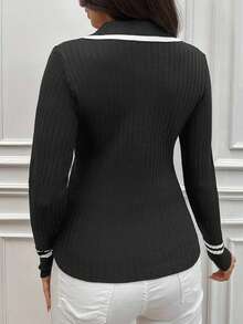 EURMUSE Striped Trim Polo Neck Ribbed Knit Sweater - Black - View 2