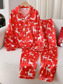 2件套少女鹿纹长袖开衫和休闲裤舒适家居服 - 紅色 - 查看 1