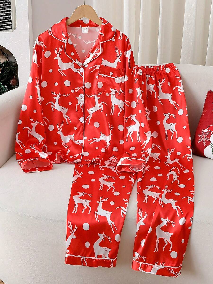 2件套少女鹿纹长袖开衫和休闲裤舒适家居服 - 紅色 - 查看 1