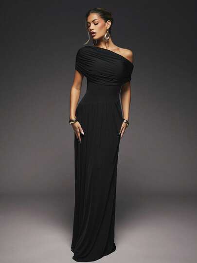 Hauture Women's Solid Color Pleated Asymmetric Collar Short Sleeve Dress – Night Out